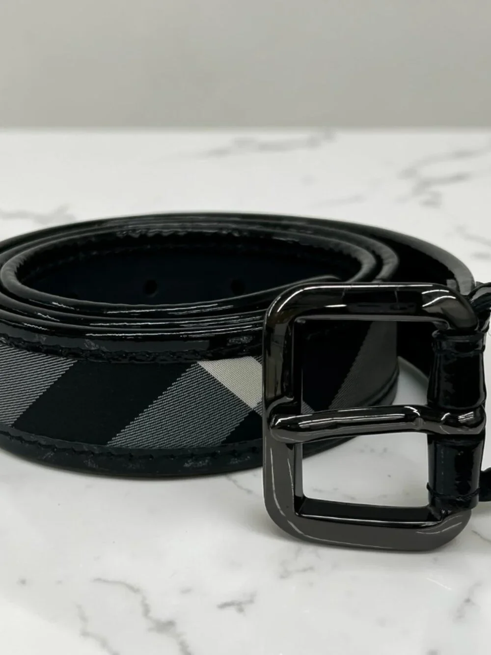 Burberry Black Beat Check and Patent Leather Belt, Size US 32